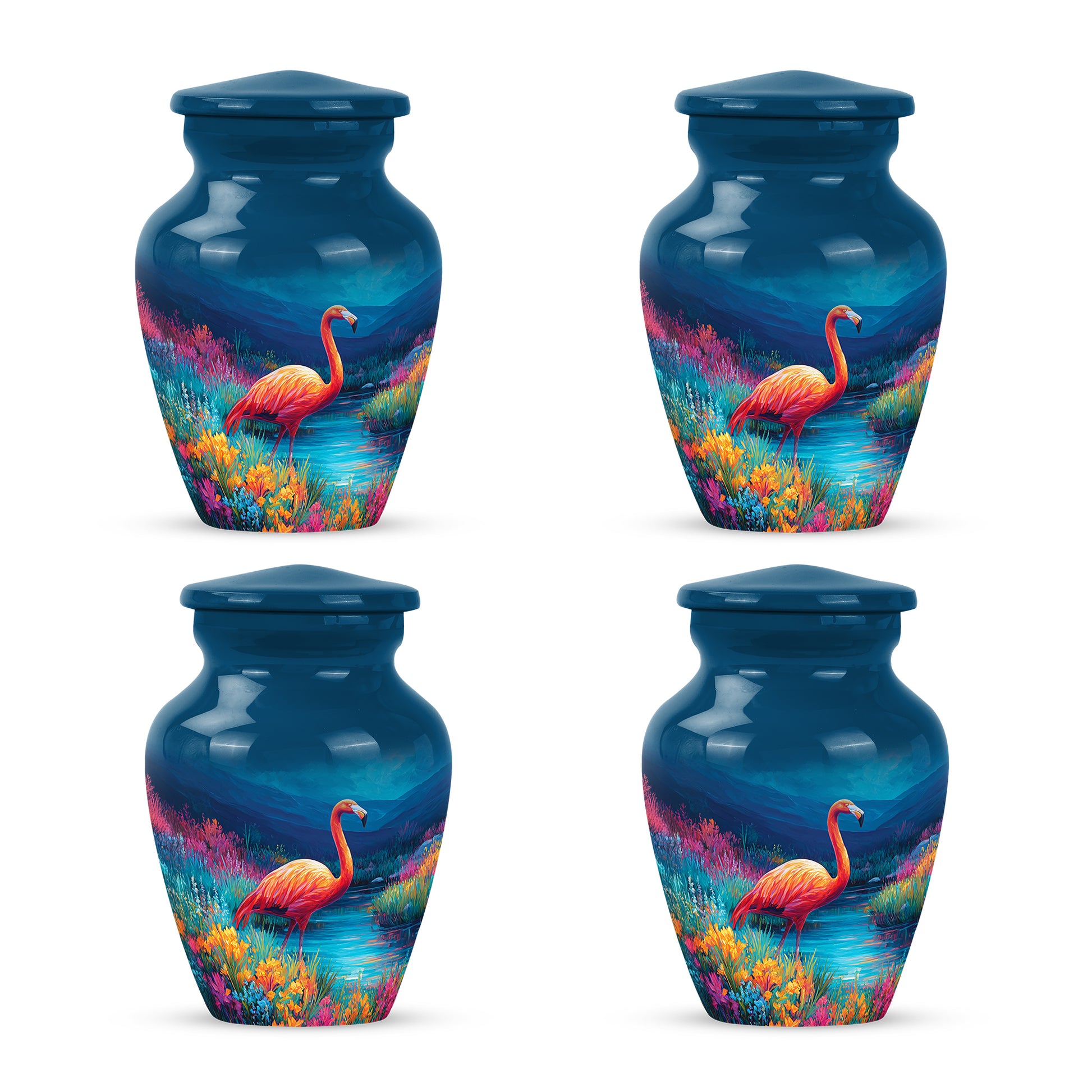 Powder Blue Flamingo Cremation Urn side profile showing urn shape - classic sculpted flamingo pattern on smooth aluminum - 10 inch aluminum urn for cremated remains