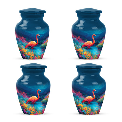 Powder Blue Flamingo Cremation Urn side profile showing urn shape - classic sculpted flamingo pattern on smooth aluminum - 10 inch aluminum urn for cremated remains