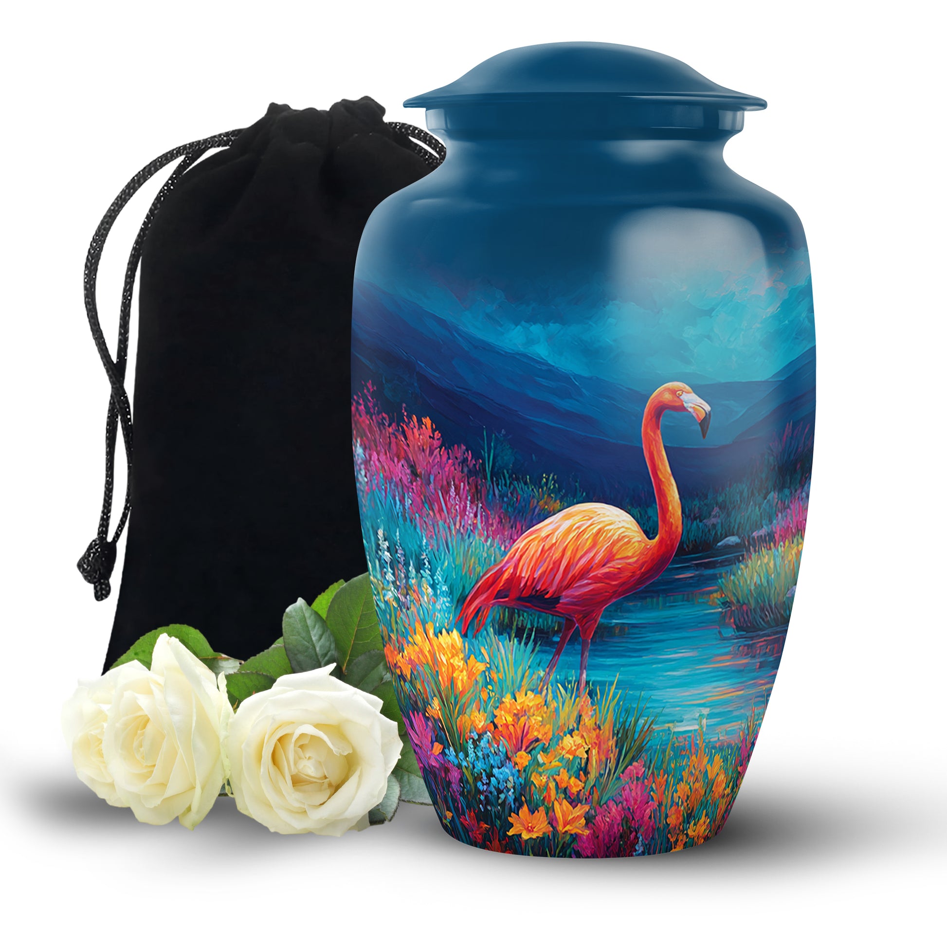 Icy Blue Flamingo Cremation Urn angled view of lid and engraved motif - classic sculpted flamingo pattern on smooth aluminum - full-size 10 inch 200 cubic inch adult cremation urn