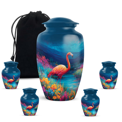 Indigo Flamingo Cremation Urn top-down view of secure threaded lid - timeless flamingo motif etched into premium metal - memorial set with one large and four small urns