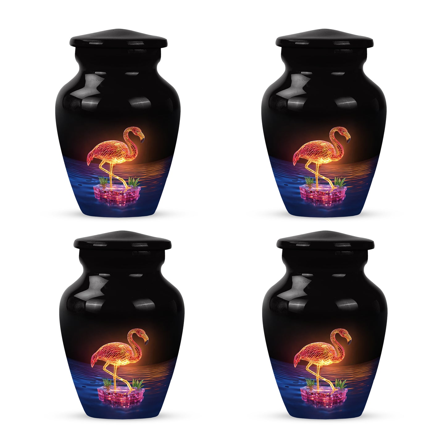 Ebony Flamingo Cremation Urn side profile showing urn shape - classic sculpted flamingo pattern on smooth aluminum - 10 inch aluminum urn for cremated remains