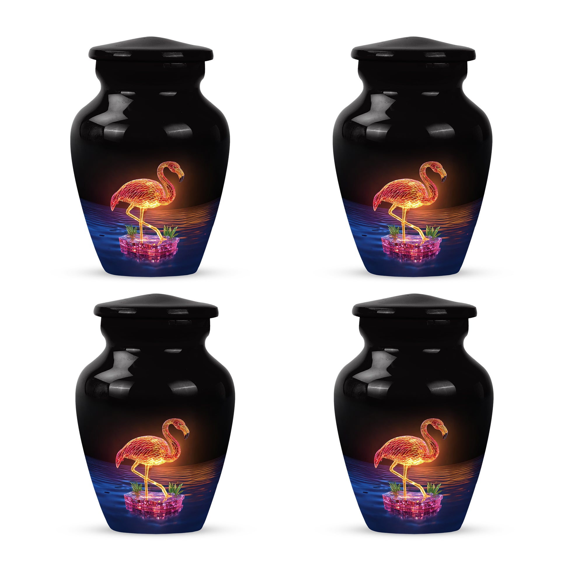 Ebony Flamingo Cremation Urn side profile showing urn shape - classic sculpted flamingo pattern on smooth aluminum - 10 inch aluminum urn for cremated remains