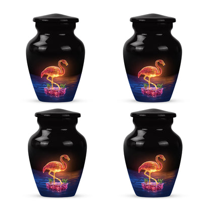 Ebony Flamingo Cremation Urn side profile showing urn shape - classic sculpted flamingo pattern on smooth aluminum - 10 inch aluminum urn for cremated remains