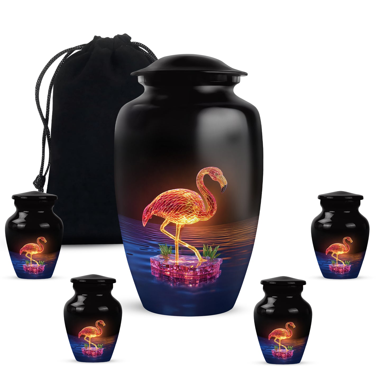 Midnight Black Flamingo Cremation Urn top-down view of secure threaded lid - elegant classic flamingo relief with fine detailing - memorial set with one large and four small urns