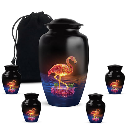 Midnight Black Flamingo Cremation Urn top-down view of secure threaded lid - elegant classic flamingo relief with fine detailing - memorial set with one large and four small urns