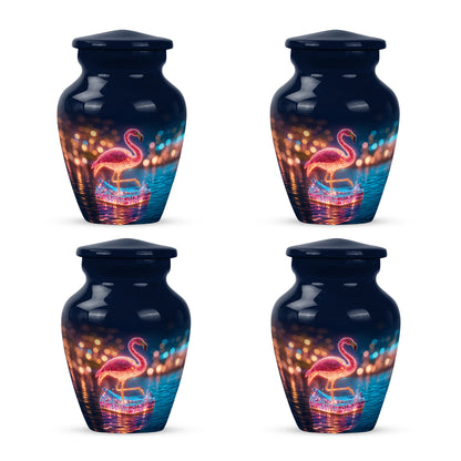 Powder Blue Flamingo Cremation Urn side profile showing urn shape - timeless flamingo motif etched into premium metal - 10 inch aluminum urn for cremated remains