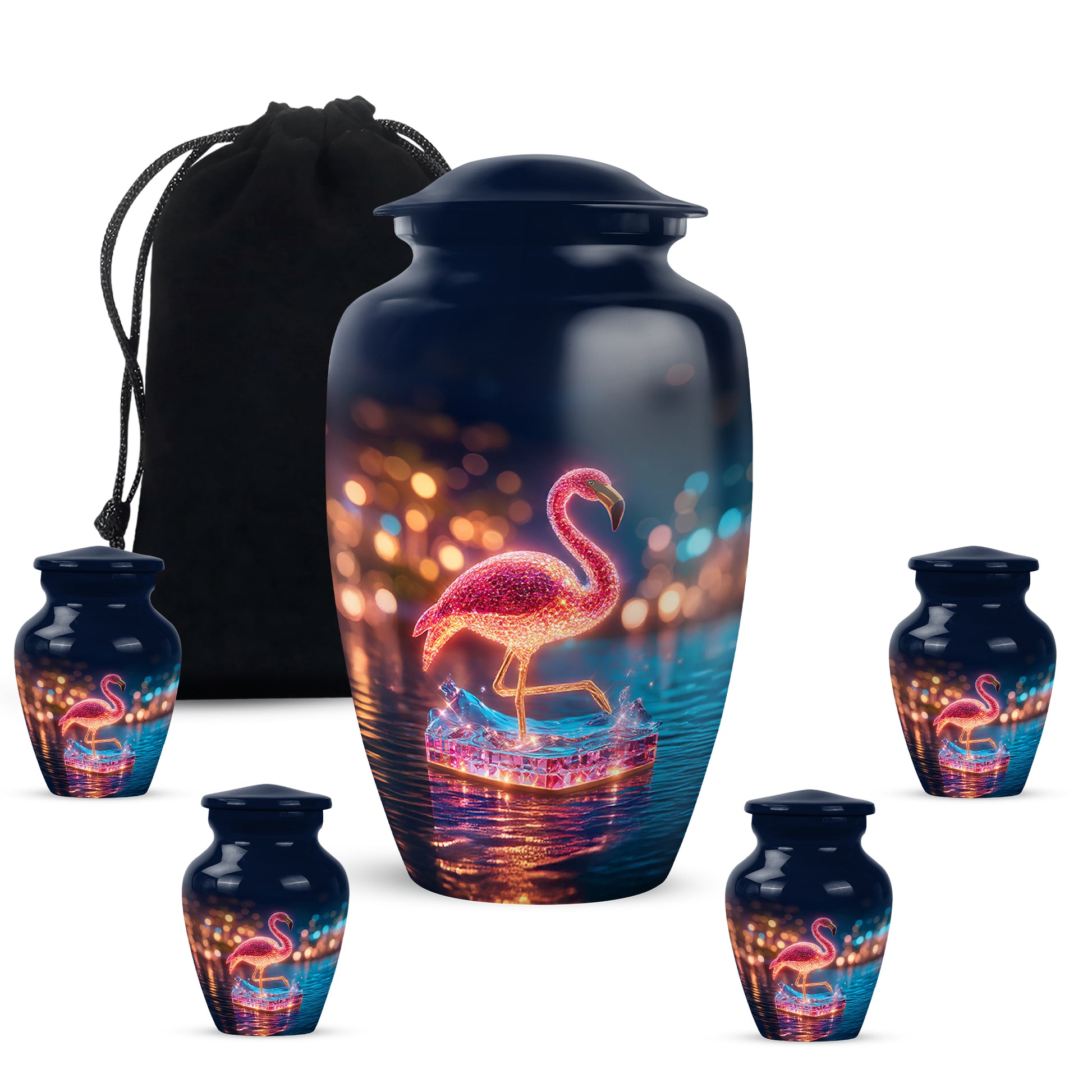 Celestial Blue Flamingo Cremation Urn top-down view of secure threaded lid - timeless flamingo motif etched into premium metal - memorial set with one large and four small urns