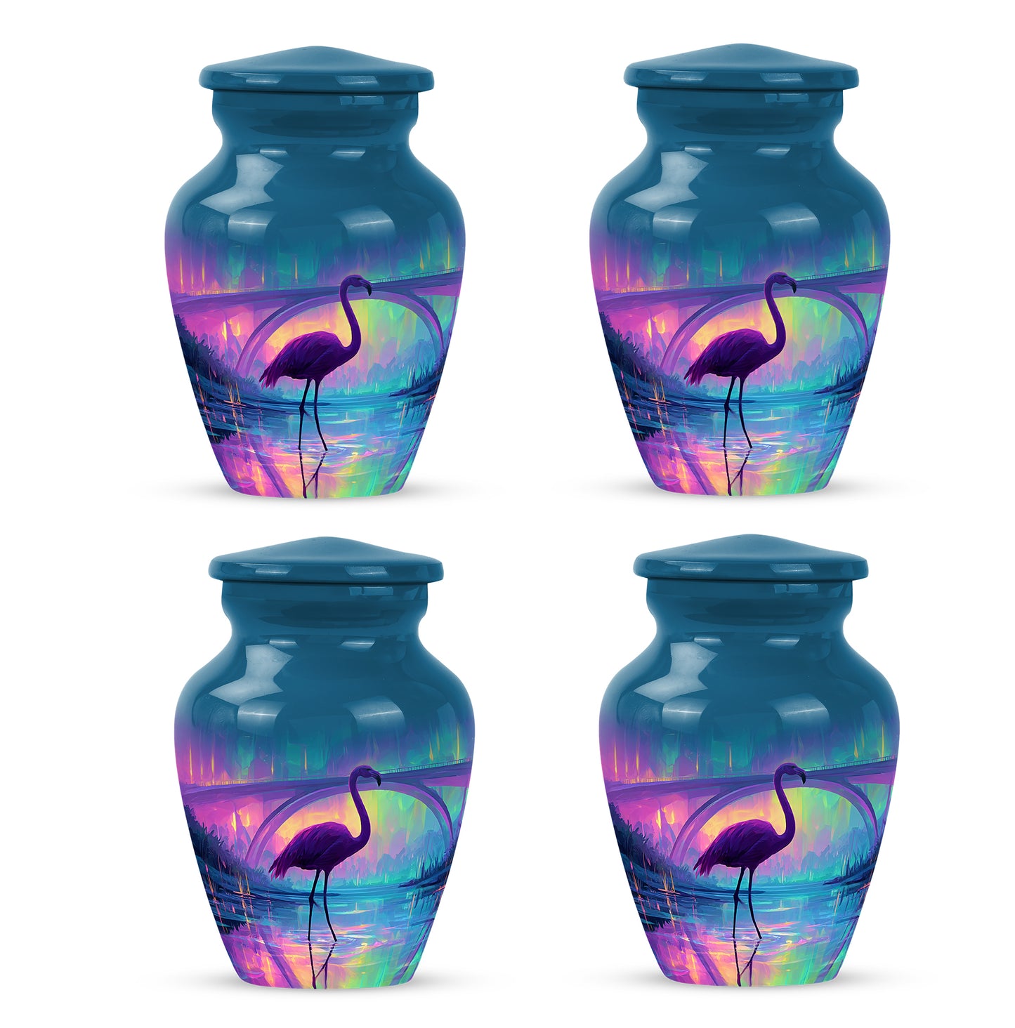 Misty Blue Flamingo Cremation Urn side profile showing urn shape - classic sculpted flamingo pattern on smooth aluminum - 10 inch aluminum urn for cremated remains