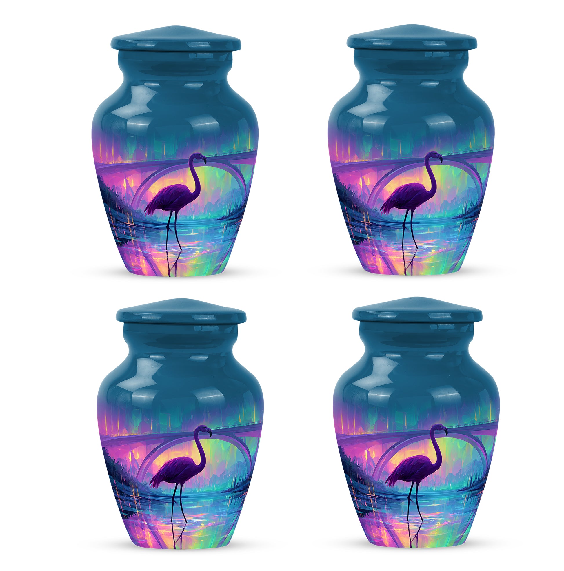 Misty Blue Flamingo Cremation Urn side profile showing urn shape - classic sculpted flamingo pattern on smooth aluminum - 10 inch aluminum urn for cremated remains