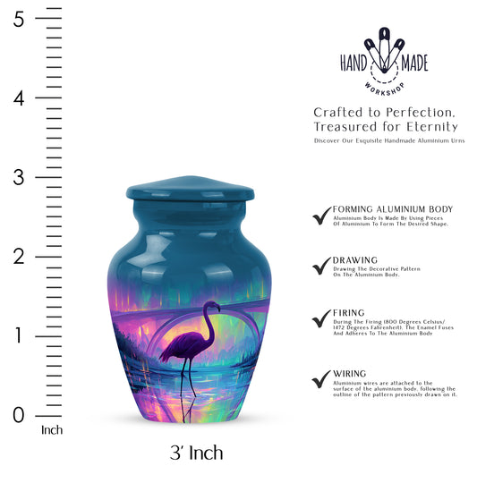 Cobalt Blue Flamingo Cremation Urn close-up of engraving and surface detail - traditional flamingo engraving with hand-polished finish - mini keepsake memorial for portion of cremation ashes