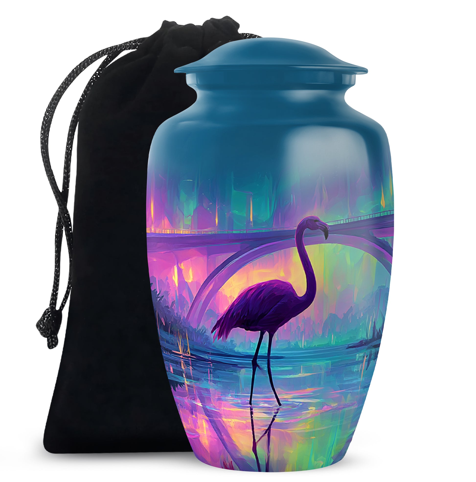 Dusty Blue Flamingo Cremation Urn angled view of lid and engraved motif - timeless flamingo motif etched into premium metal - full-size 10 inch 200 cubic inch adult cremation urn