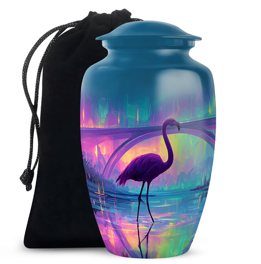 Dusty Blue Flamingo Cremation Urn angled view of lid and engraved motif - timeless flamingo motif etched into premium metal - full-size 10 inch 200 cubic inch adult cremation urn