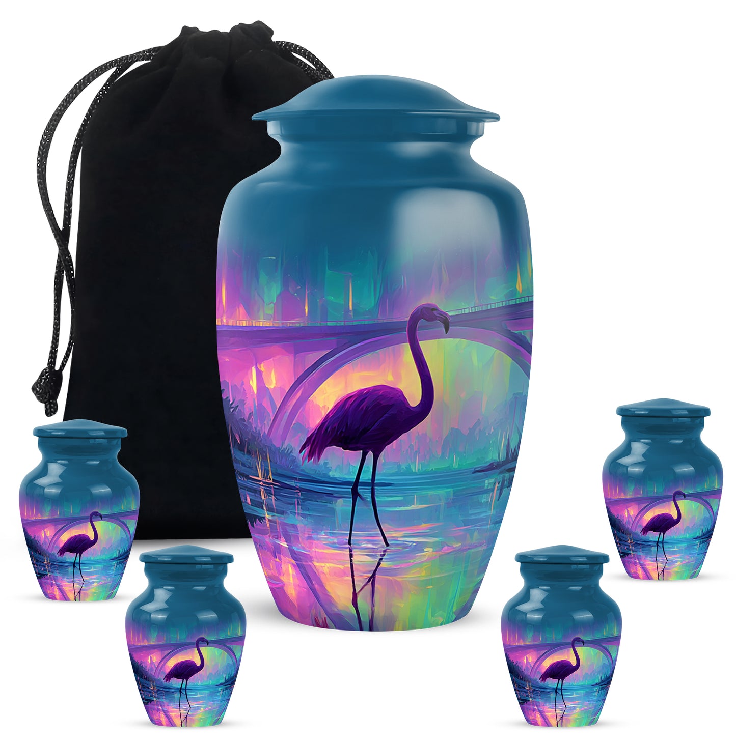 Azure Flamingo Cremation Urn top-down view of secure threaded lid - timeless flamingo motif etched into premium metal - memorial set with one large and four small urns
