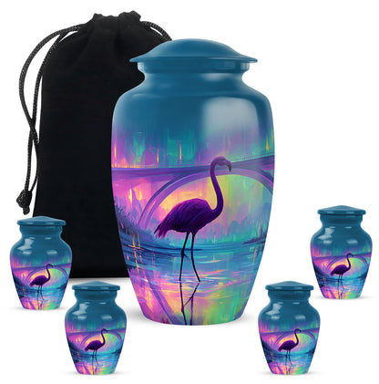 Azure Flamingo Cremation Urn top-down view of secure threaded lid - timeless flamingo motif etched into premium metal - memorial set with one large and four small urns
