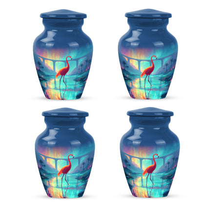 Icy Blue Flamingo Cremation Urn side profile showing urn shape - timeless flamingo motif etched into premium metal - 10 inch aluminum urn for cremated remains