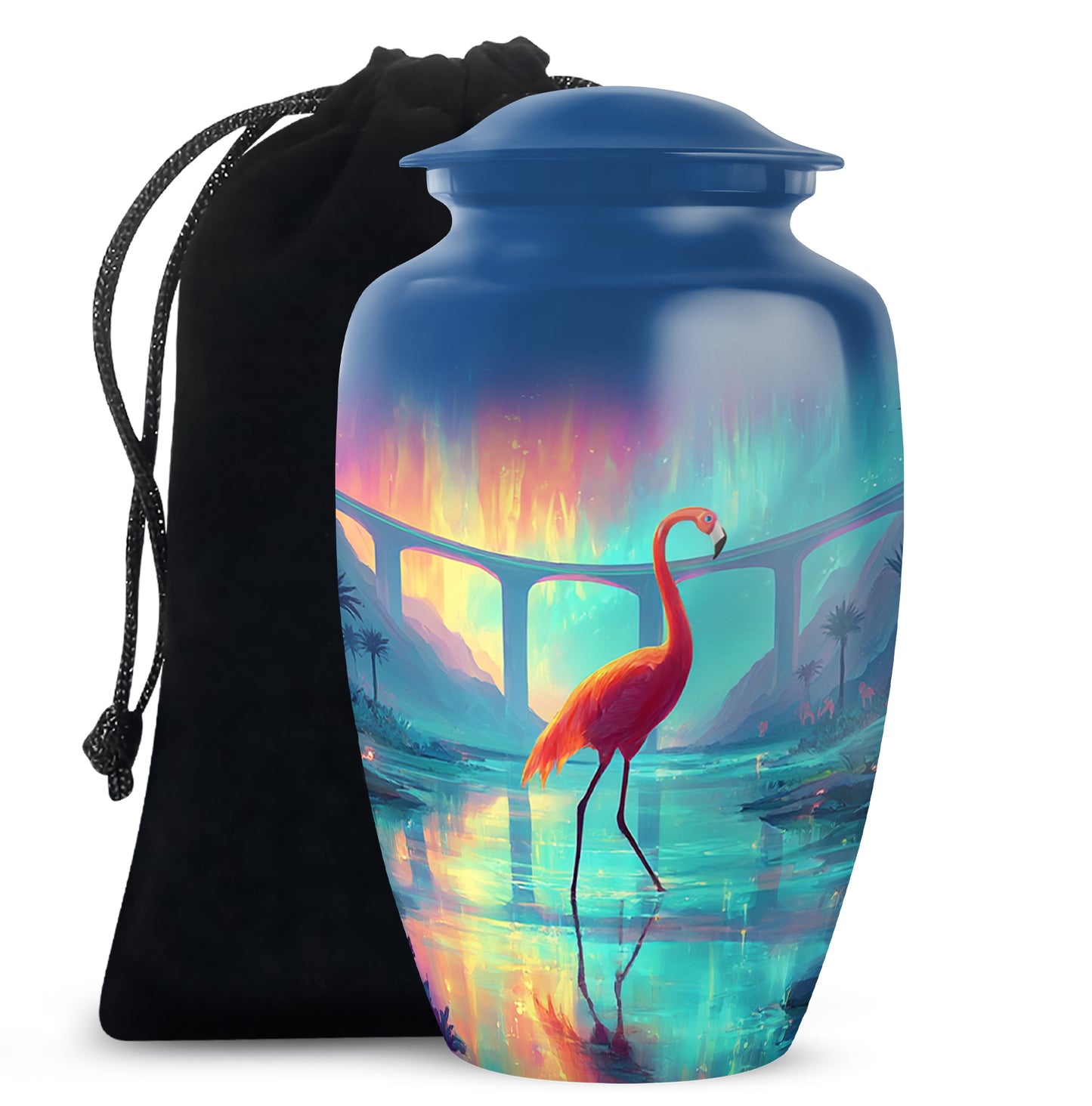 Royal Blue Flamingo Cremation Urn angled view of lid and engraved motif - elegant classic flamingo relief with fine detailing - full-size 10 inch 200 cubic inch adult cremation urn