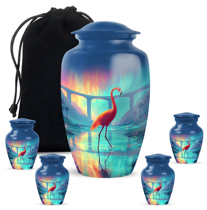 Steel Blue Flamingo Cremation Urn top-down view of secure threaded lid - elegant classic flamingo relief with fine detailing - memorial set with one large and four small urns