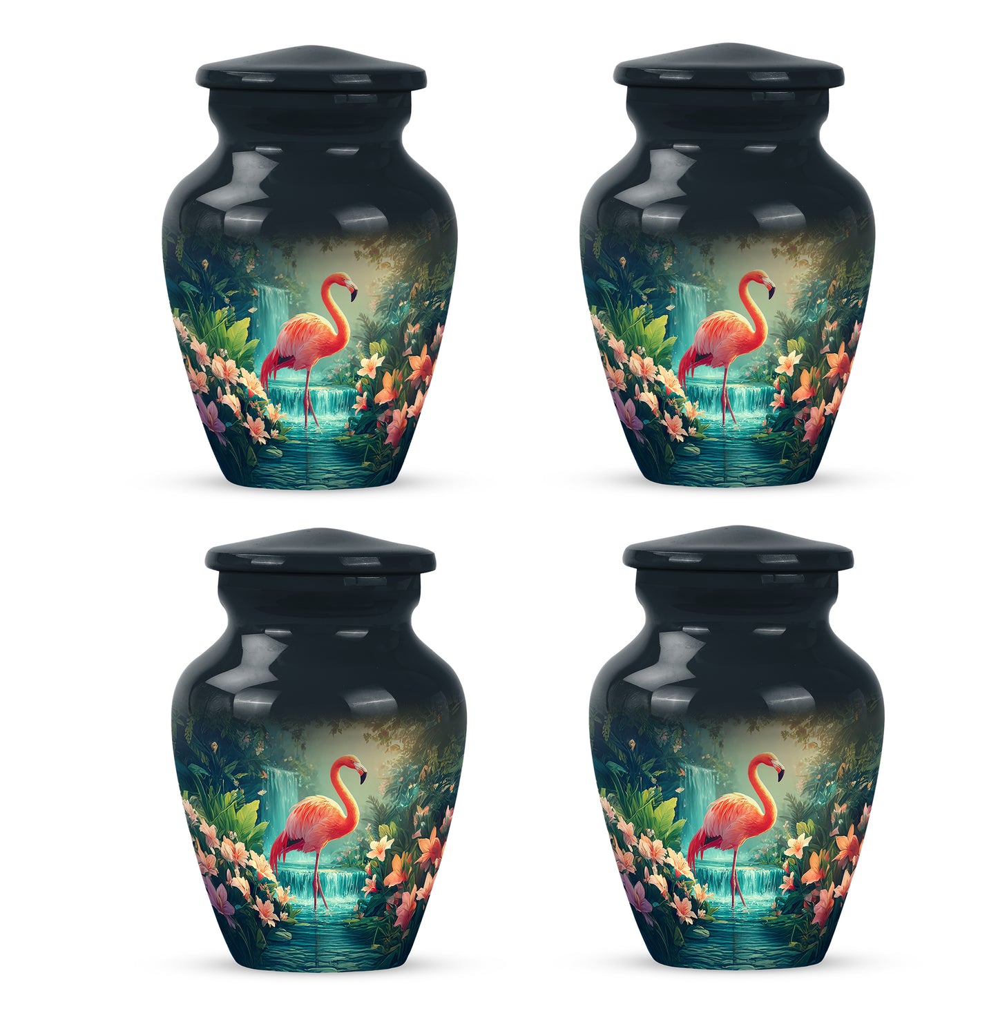 Steel Blue Flamingo Cremation Urn side profile showing urn shape - traditional flamingo engraving with hand-polished finish - 10 inch aluminum urn for cremated remains