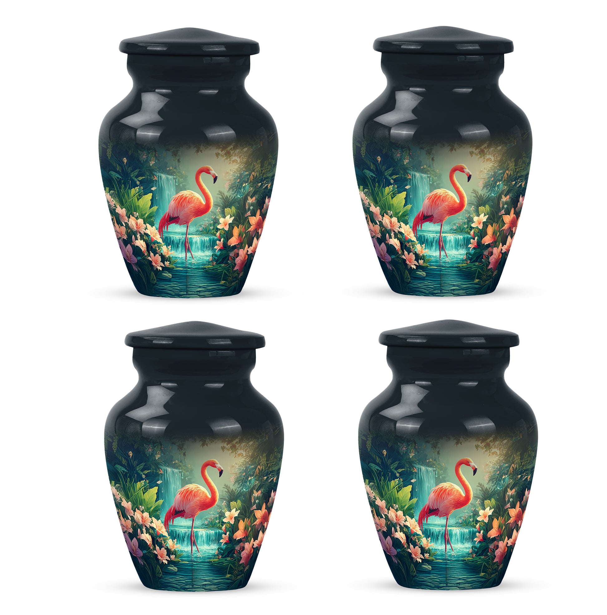 Steel Blue Flamingo Cremation Urn side profile showing urn shape - traditional flamingo engraving with hand-polished finish - 10 inch aluminum urn for cremated remains