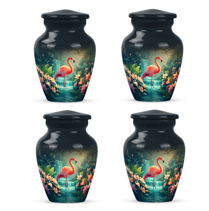 Steel Blue Flamingo Cremation Urn side profile showing urn shape - traditional flamingo engraving with hand-polished finish - 10 inch aluminum urn for cremated remains