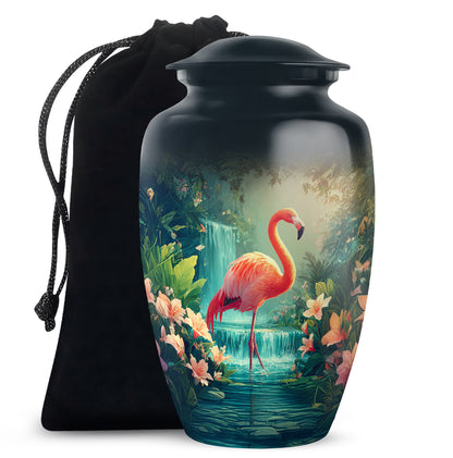 Sapphire Blue Flamingo Cremation Urn angled view of lid and engraved motif - traditional flamingo engraving with hand-polished finish - full-size 10 inch 200 cubic inch adult cremation urn