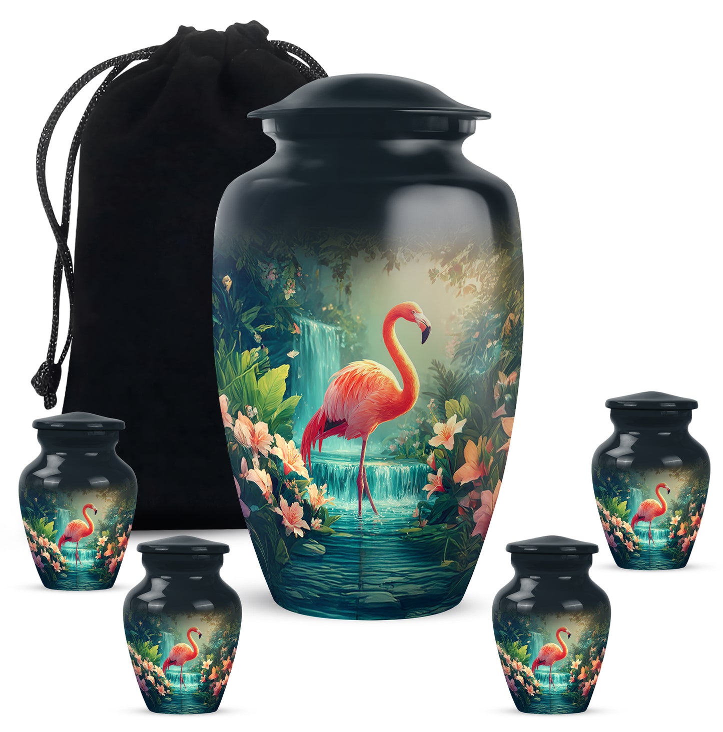 Sky Blue Flamingo Cremation Urn top-down view of secure threaded lid - timeless flamingo motif etched into premium metal - memorial set with one large and four small urns