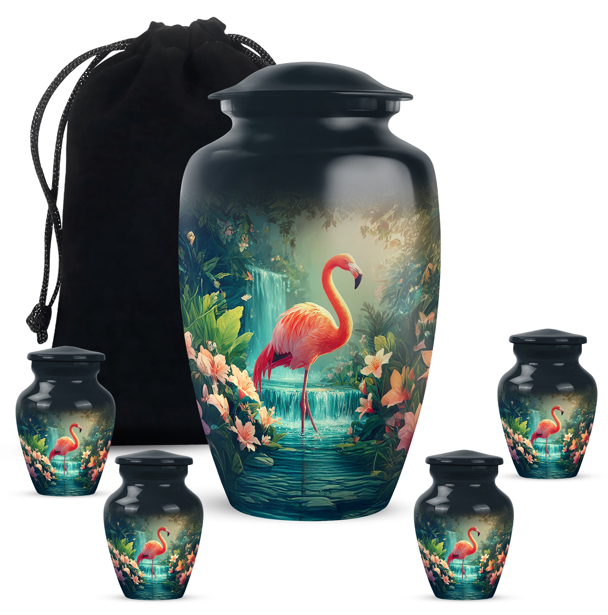 Sky Blue Flamingo Cremation Urn top-down view of secure threaded lid - timeless flamingo motif etched into premium metal - memorial set with one large and four small urns