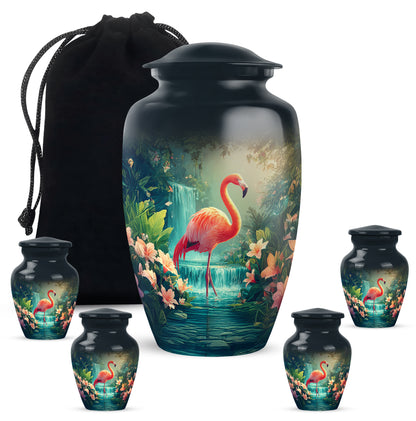 Sky Blue Flamingo Cremation Urn top-down view of secure threaded lid - timeless flamingo motif etched into premium metal - memorial set with one large and four small urns