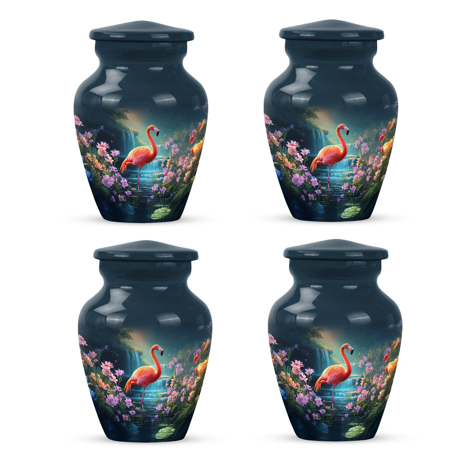Icy Blue Flamingo Cremation Urn side profile showing urn shape - classic sculpted flamingo pattern on smooth aluminum - 10 inch aluminum urn for cremated remains