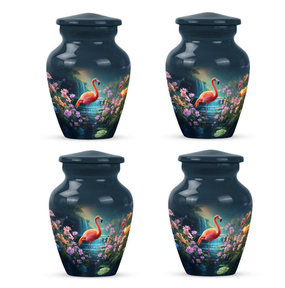Icy Blue Flamingo Cremation Urn side profile showing urn shape - classic sculpted flamingo pattern on smooth aluminum - 10 inch aluminum urn for cremated remains