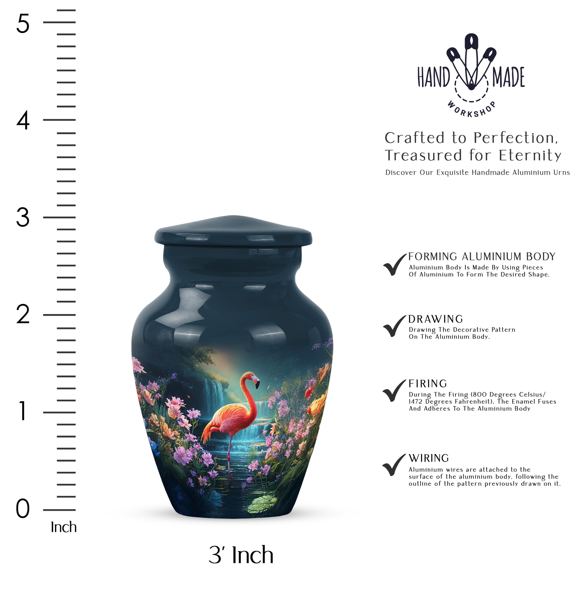 Indigo Flamingo Cremation Urn close-up of engraving and surface detail - timeless flamingo motif etched into premium metal - mini keepsake memorial for portion of cremation ashes