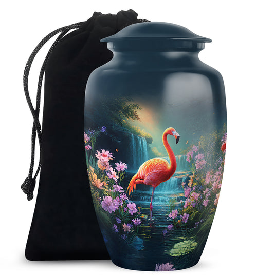 Sky Blue Flamingo Cremation Urn angled view of lid and engraved motif - timeless flamingo motif etched into premium metal - full-size 10 inch 200 cubic inch adult cremation urn