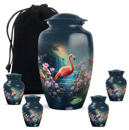 Serene Blue Flamingo Cremation Urn top-down view of secure threaded lid - elegant classic flamingo relief with fine detailing - memorial set with one large and four small urns