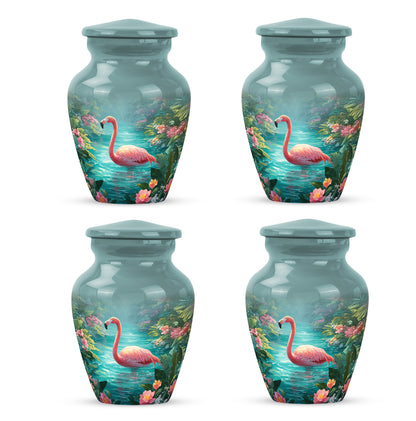 Mystic Teal Flamingo Cremation Urn side profile showing urn shape - elegant classic flamingo relief with fine detailing - 10 inch aluminum urn for cremated remains