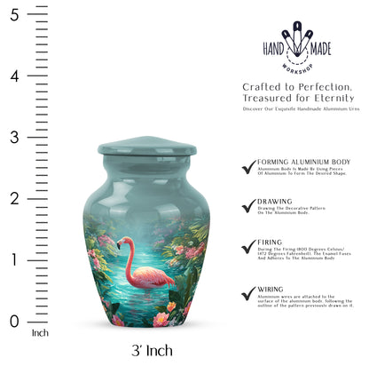 Sea Green Teal Flamingo Cremation Urn close-up of engraving and surface detail - classic sculpted flamingo pattern on smooth aluminum - mini keepsake memorial for portion of cremation ashes
