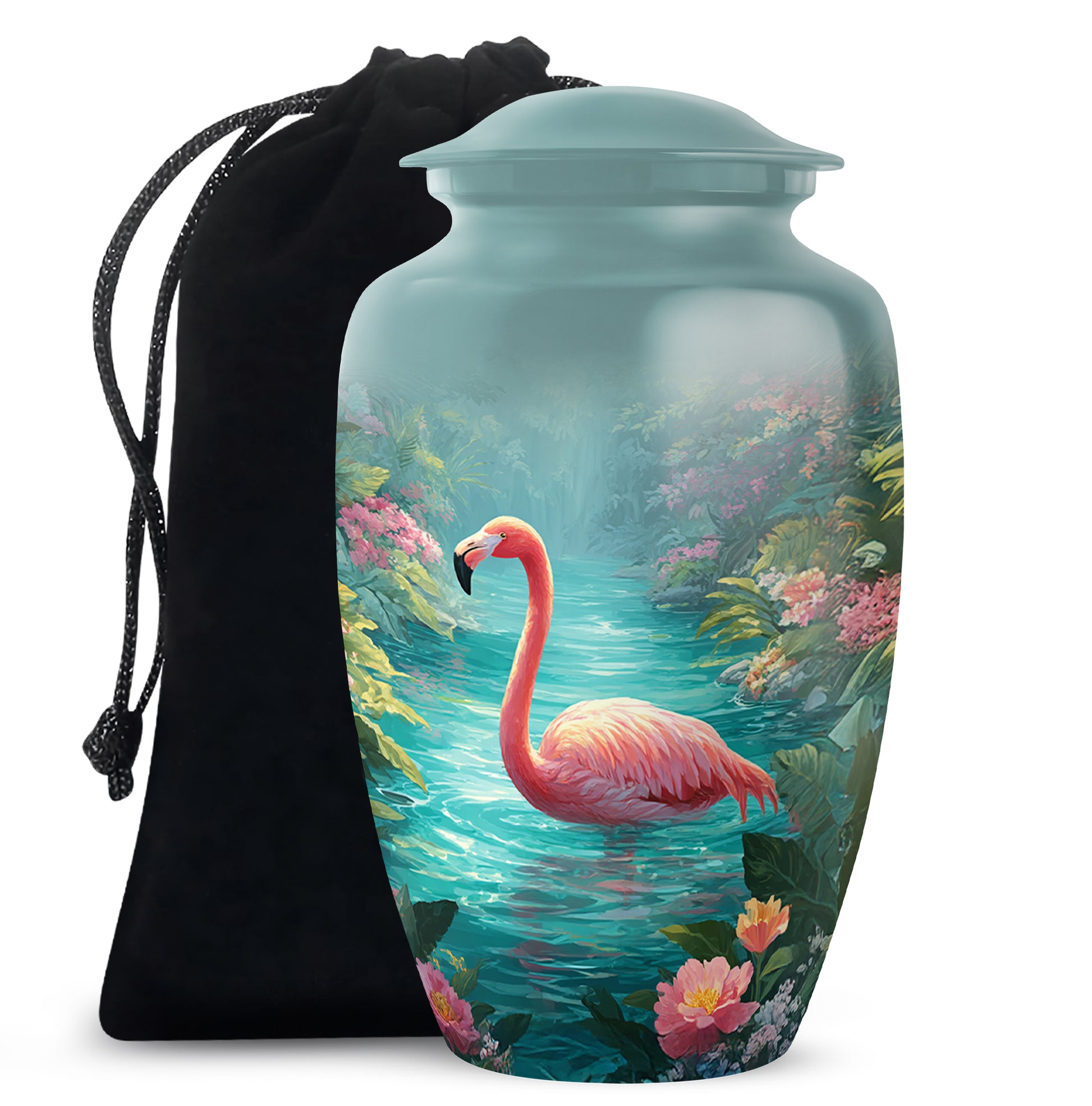Ocean Teal Flamingo Cremation Urn angled view of lid and engraved motif - timeless flamingo motif etched into premium metal - full-size 10 inch 200 cubic inch adult cremation urn