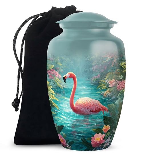 Ocean Teal Flamingo Cremation Urn angled view of lid and engraved motif - timeless flamingo motif etched into premium metal - full-size 10 inch 200 cubic inch adult cremation urn