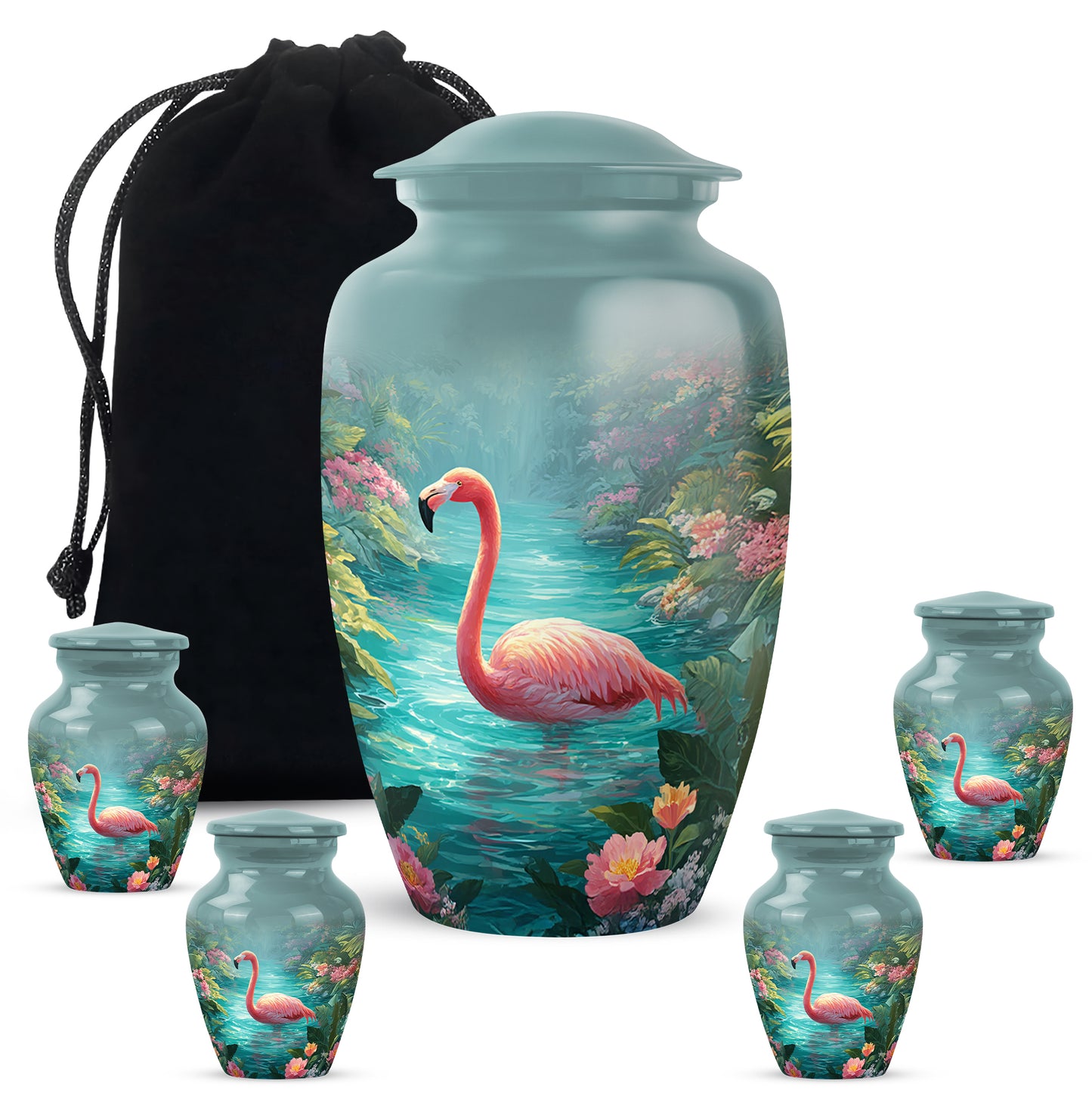 Soft Teal Flamingo Cremation Urn top-down view of secure threaded lid - classic sculpted flamingo pattern on smooth aluminum - memorial set with one large and four small urns