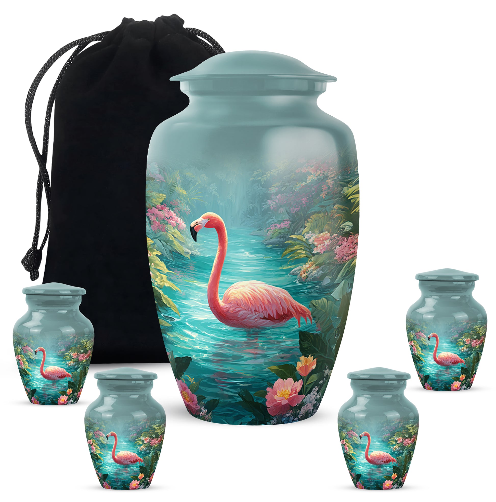 Soft Teal Flamingo Cremation Urn top-down view of secure threaded lid - classic sculpted flamingo pattern on smooth aluminum - memorial set with one large and four small urns