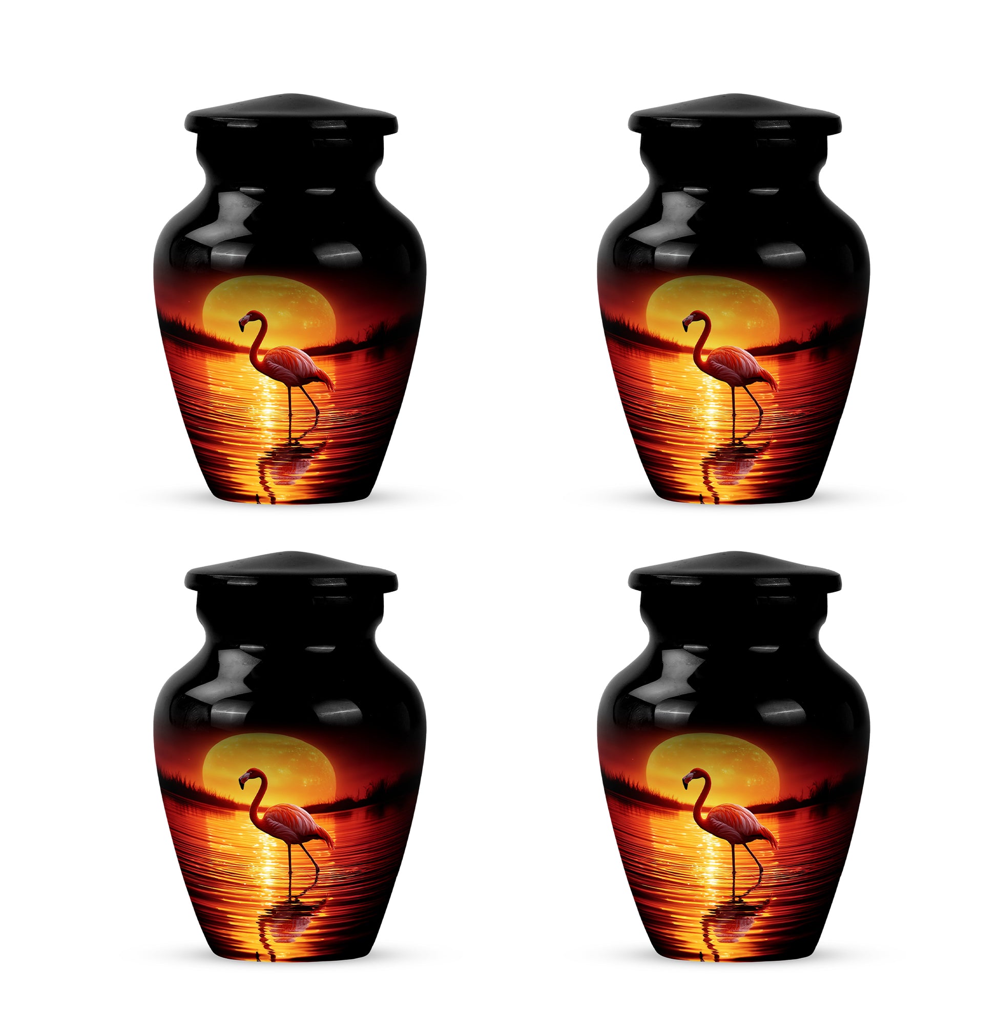 Onyx Black Flamingo Cremation Urn side profile showing urn shape - traditional flamingo engraving with hand-polished finish - 10 inch aluminum urn for cremated remains