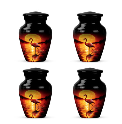 Onyx Black Flamingo Cremation Urn side profile showing urn shape - traditional flamingo engraving with hand-polished finish - 10 inch aluminum urn for cremated remains