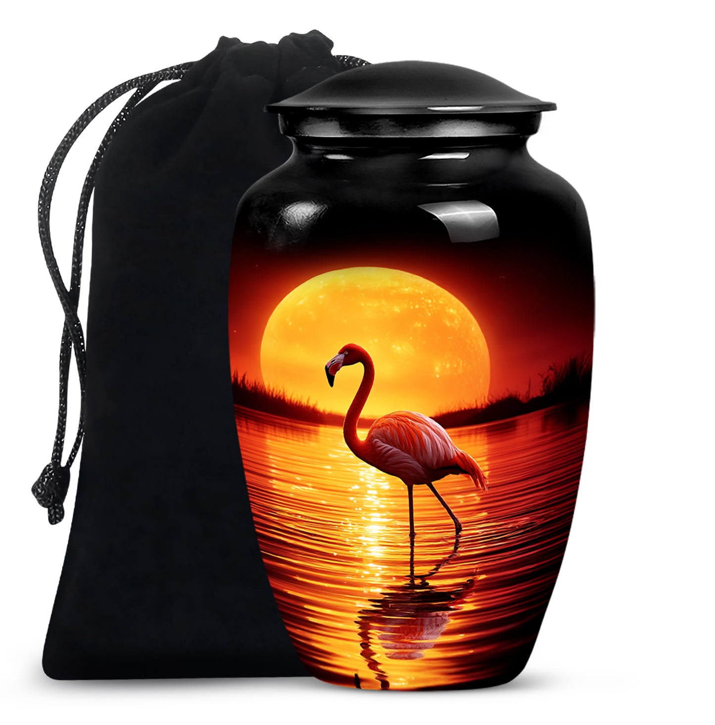 Jet Black Flamingo Cremation Urn angled view of lid and engraved motif - classic sculpted flamingo pattern on smooth aluminum - full-size 10 inch 200 cubic inch adult cremation urn