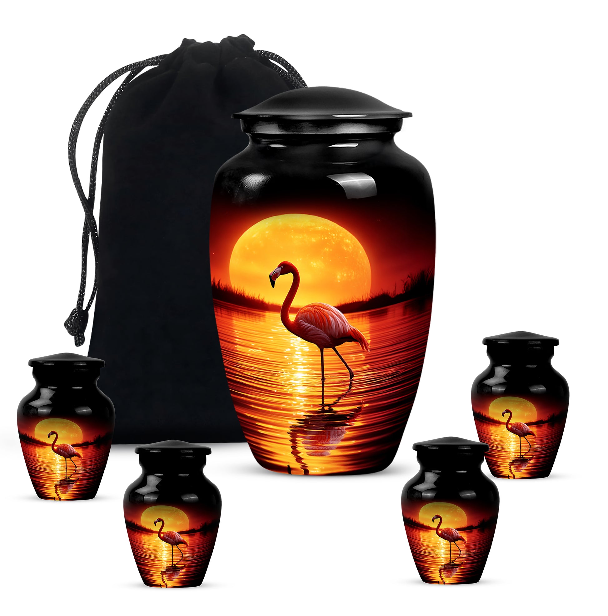 Charcoal Black Flamingo Cremation Urn top-down view of secure threaded lid - elegant classic flamingo relief with fine detailing - memorial set with one large and four small urns