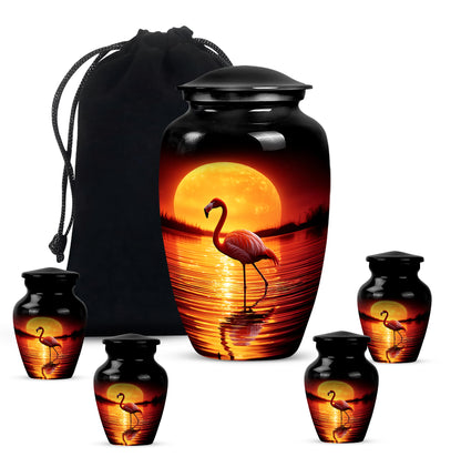 Charcoal Black Flamingo Cremation Urn top-down view of secure threaded lid - elegant classic flamingo relief with fine detailing - memorial set with one large and four small urns