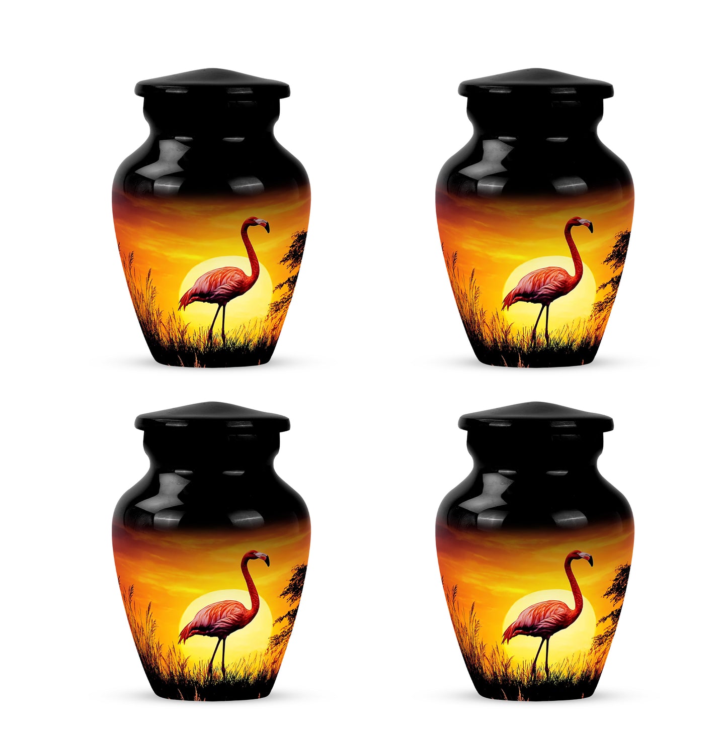 Jet Black Flamingo Cremation Urn side profile showing urn shape - timeless flamingo motif etched into premium metal - 10 inch aluminum urn for cremated remains