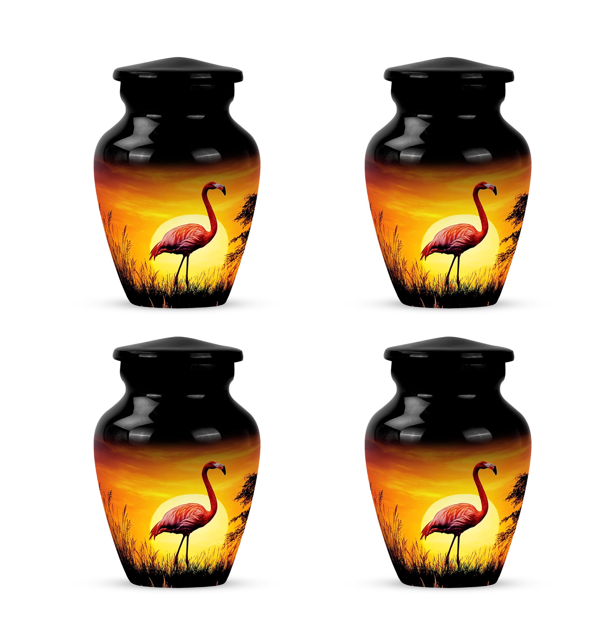 Jet Black Flamingo Cremation Urn side profile showing urn shape - timeless flamingo motif etched into premium metal - 10 inch aluminum urn for cremated remains