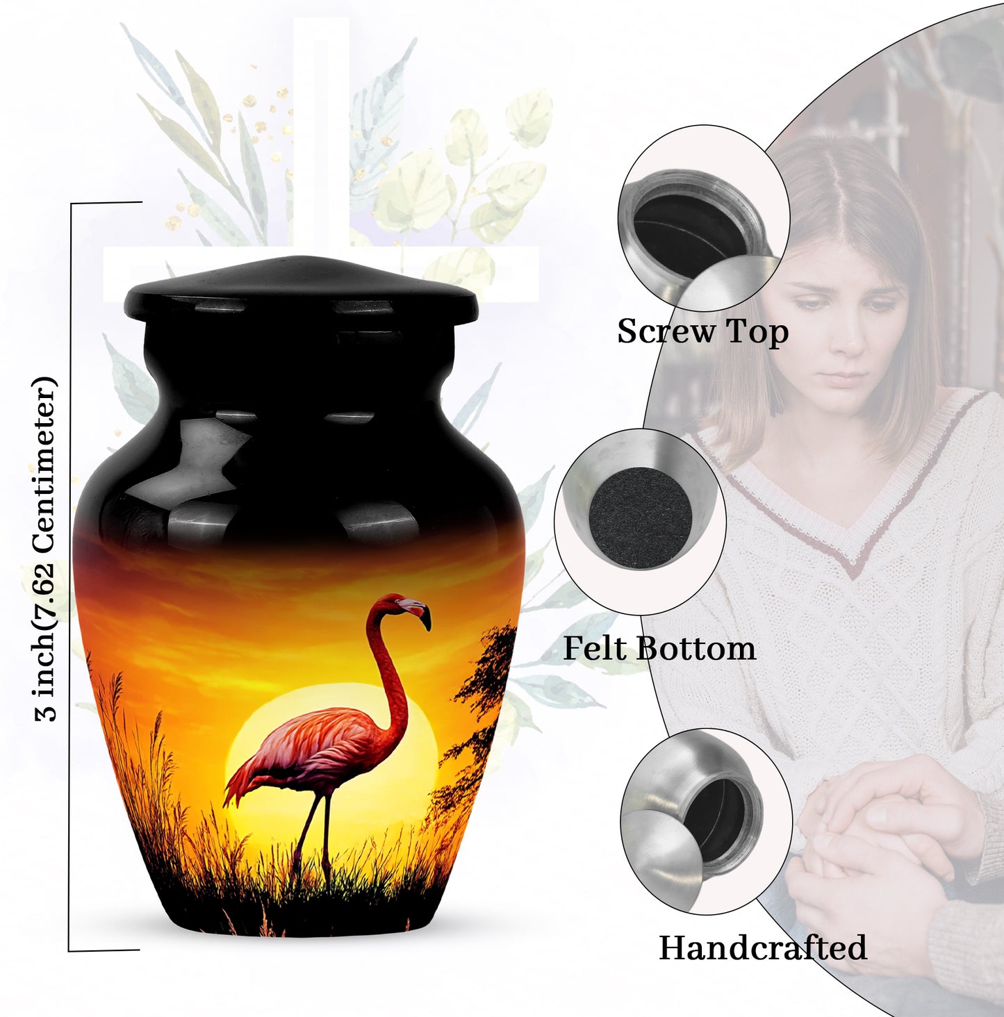 Jet Black Flamingo Cremation Urn close-up of engraving and surface detail - timeless flamingo motif etched into premium metal - mini keepsake memorial for portion of cremation ashes