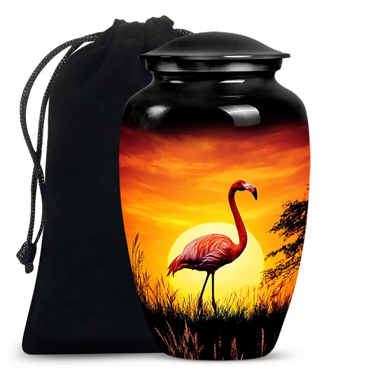 Rich Black Flamingo Cremation Urn angled view of lid and engraved motif - classic sculpted flamingo pattern on smooth aluminum - full-size 10 inch 200 cubic inch adult cremation urn
