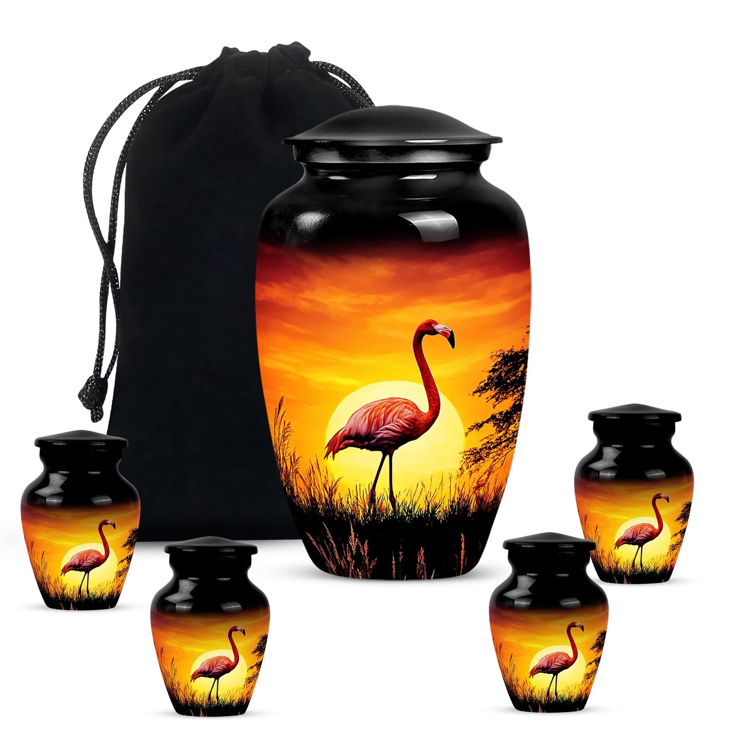 Glossy Black Flamingo Cremation Urn top-down view of secure threaded lid - timeless flamingo motif etched into premium metal - memorial set with one large and four small urns