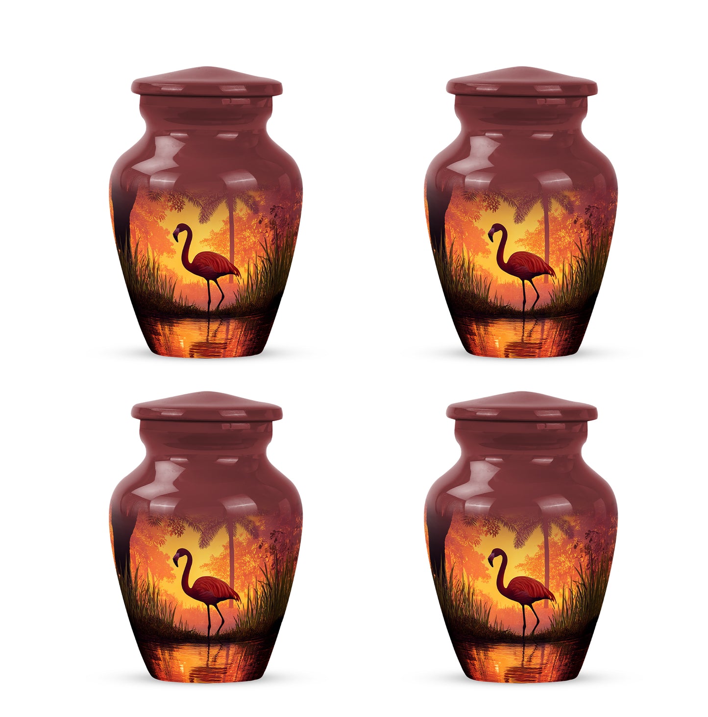 Garnet Red Flamingo Cremation Urn side profile showing urn shape - classic sculpted flamingo pattern on smooth aluminum - 10 inch aluminum urn for cremated remains